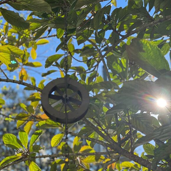 78-Inch Metal Rain Chain - 6 Water Wheels & Weighted Bell, Rustic Brown Finish - Picture 4 of 12